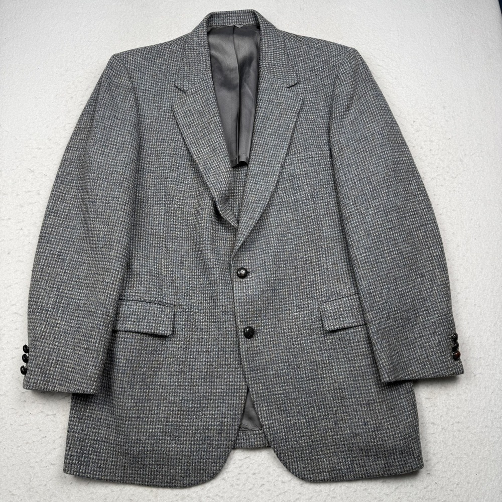Vintage Stafford Sport Coat Mens 42 Gray/Blue Check Harris Tweed Wool Blazer USA